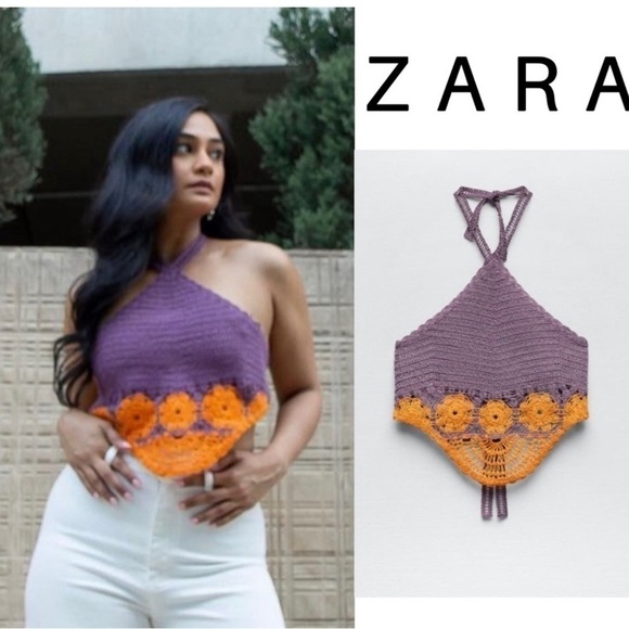Zara purple orange crochet knit boho halter crop top NWT bohemian - Picture 6 of 13